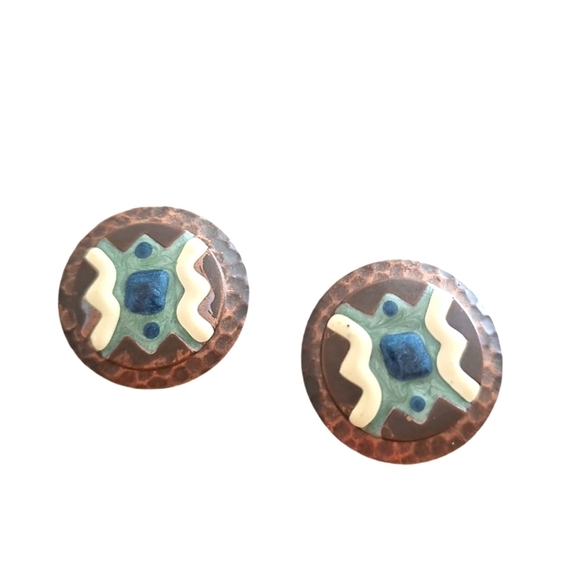 Geometric-Themed Western Indian Brass Earrings with Antique Finish - Picture 1 of 3